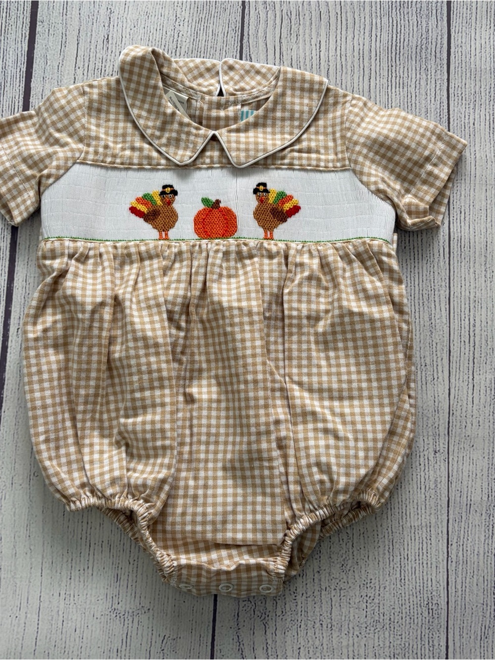 Southern Sunshine Beige Gingham Smocked Turkey & Pumpkin Bubble Size 6 months